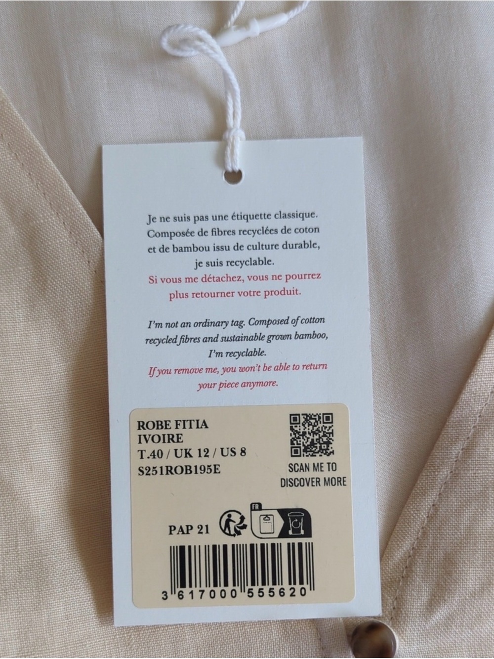 SEZANE - Fitia Dress - 100% Linen - Ivory - Size 8 / EU Size 40 - NWT ✨ - Picture 5 of 6